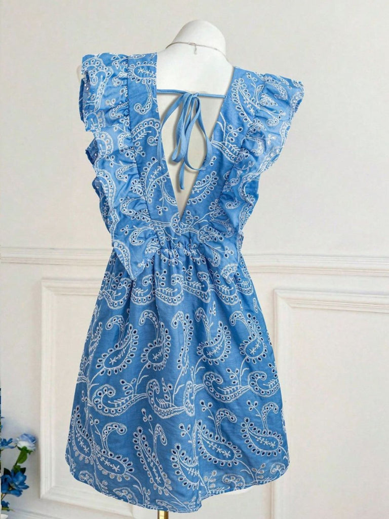 Blue 1970s Paisley Embroidered Ruffle V-Neck Dress 7