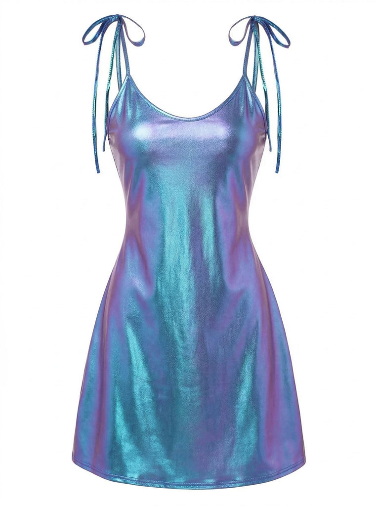 Blue 1970s Patent Leather Spaghetti Strap Mini Dress - vintage dress, retro fashion, elegant style for vintage lovers