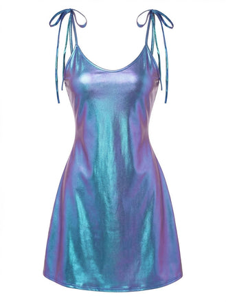 Blue 1970s Patent Leather Spaghetti Strap Mini Dress - vintage dress, retro fashion, elegant style for vintage lovers