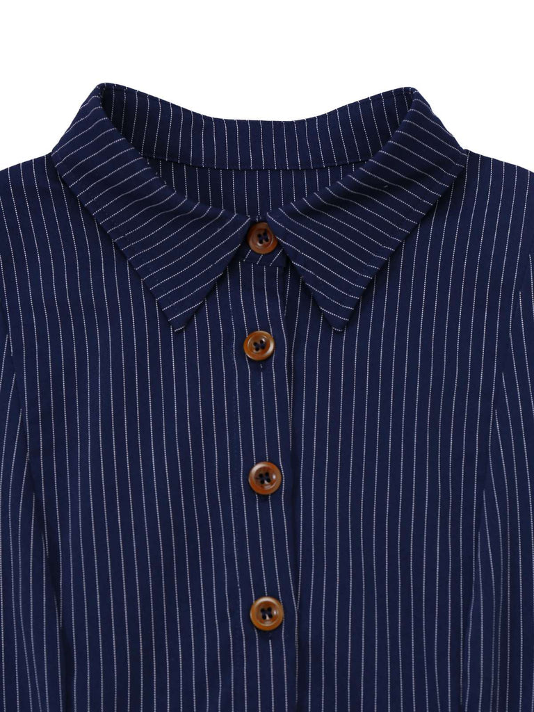 Blue 1970s Pinstripe Pleated Shirt Collar Dress - vintage dress, retro fashion