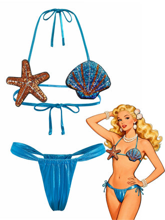 Blue 1970s Shell & Starfish Bikini Set - vintage swimwear, retro swimsuit, pin-up style for vintage lovers