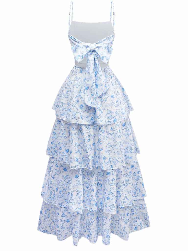 Blue 1970s Spaghetti Strap Floral Tiered Dress - vintage dress, retro fashion, elegant red
