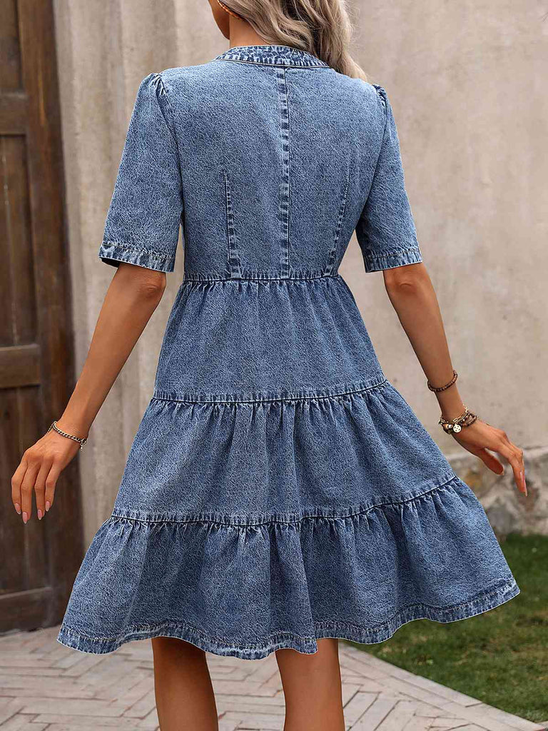 Blue 1970s V-Neck Half Sleeves Denim Dress — the kind of 1970s dress that makes strangers smile