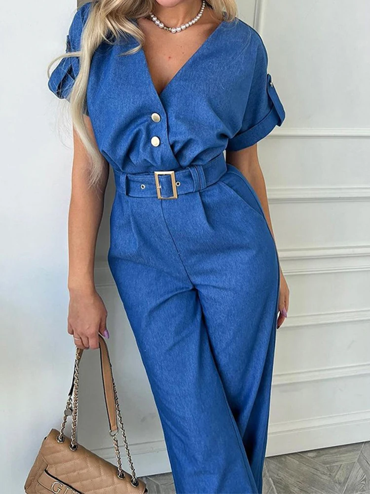 Blue 1970s V-Neck Solid Jumpsuit, vintage romper, retro jumpsuit - perfect for women who love vintage and retro fashion