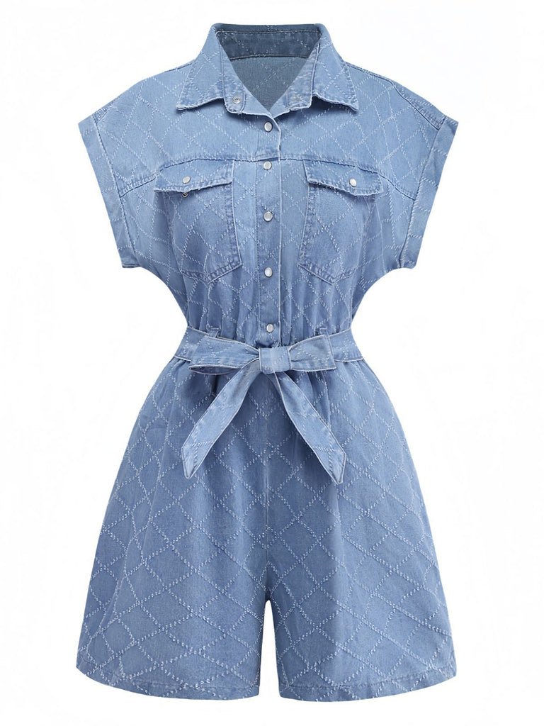 Blue 1980s Denim Button-Down Utility Romper - vintage jumpsuit, retro fashion