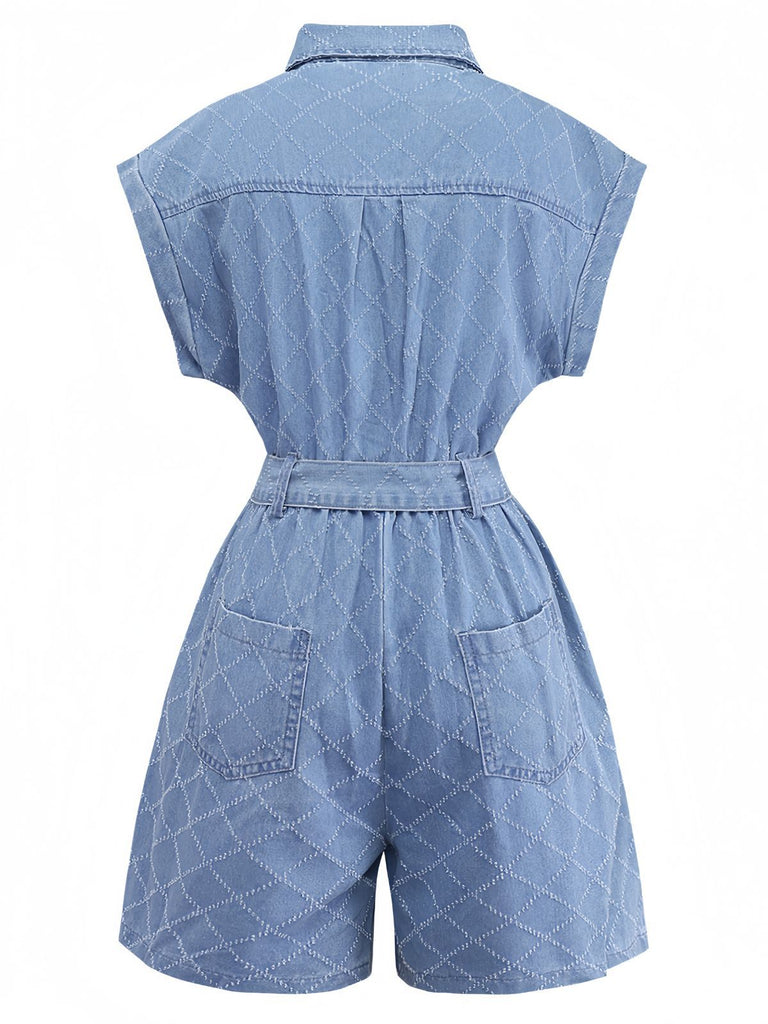 Blue 1980s Denim Button-Down Utility Romper - vintage jumpsuit, retro fashion