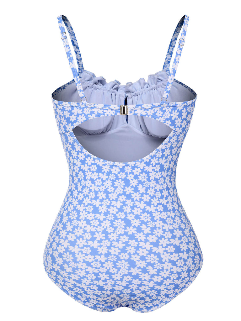 [Pre-Sale] Blue 1980s Ditsy Floral Strap Swimsuit, vintage swimsuit, pin-up swimwear - perfect for women who love vintage and retro fashion