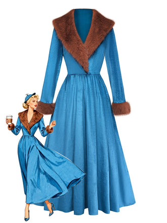 Blue 1980s Fur Collar Patchwork Maxi Dress - vintage dress, retro fashion