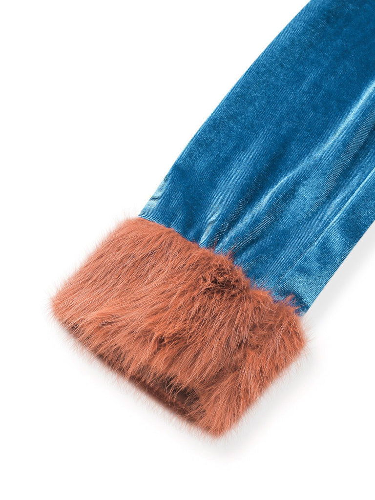 Blue 1980s Fur Collar Patchwork Maxi Dress - vintage dress, retro fashion