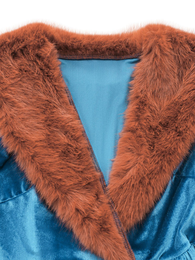 Blue 1980s Fur Collar Patchwork Maxi Dress - vintage dress, retro fashion