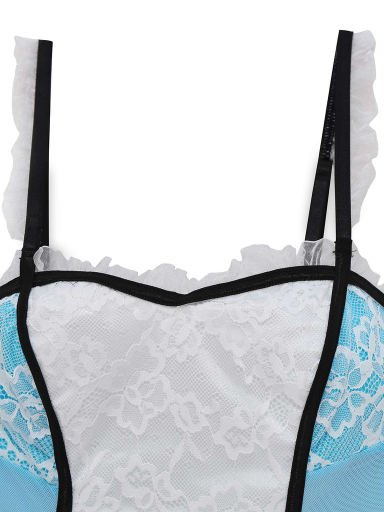 Blue 1980s Lace French Maid Costume Sleepwear - vintage nightgown, retro sleepwear