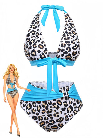 Blue 1980s Leopard Lace-Up Patchwork Swimsuit - vintage swimsuit, pin-up style