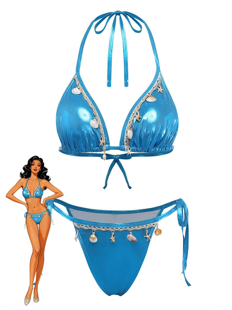 Blue 1980s Metallic Shell Halter Bikini Set - vintage swimwear, retro swimsuit, pin-up style for vintage lovers
