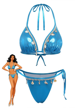 Blue 1980s Metallic Shell Halter Bikini Set - vintage swimwear, retro swimsuit, pin-up style for vintage lovers