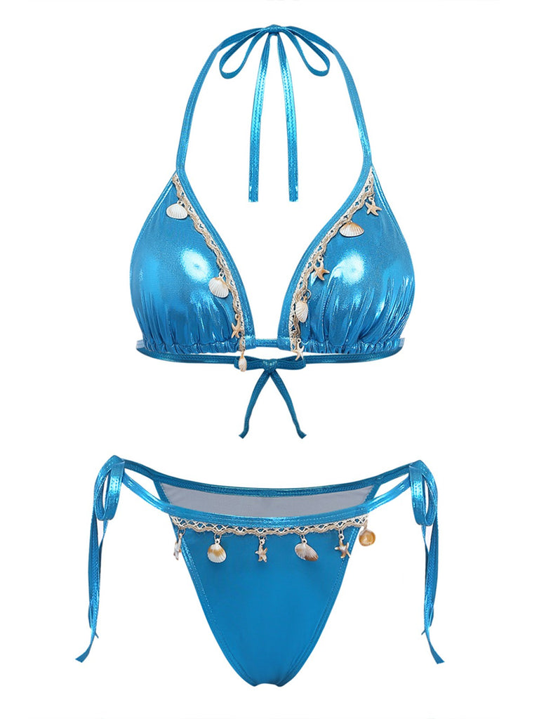 Blue 1980s Metallic Shell Halter Bikini Set: beautiful vintage swimwear, retro swimsuit, pin-up style with timeless appeal