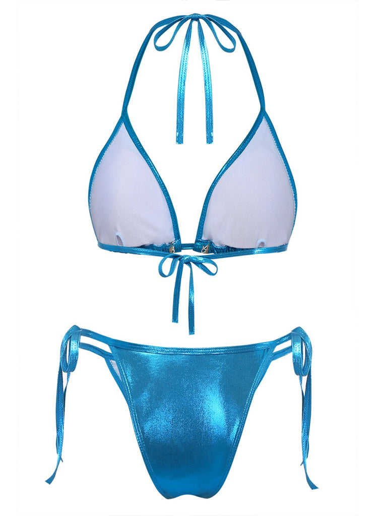 Blue 1980s Metallic Shell Halter Bikini Set | vintage swimwear, retro swimsuit, pin-up style - perfect for retro fashion enthusiasts
