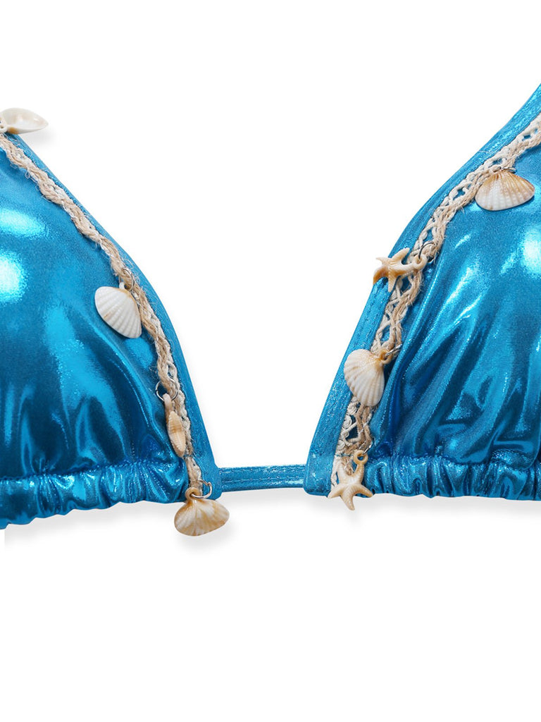 Blue 1980s Metallic Shell Halter Bikini Set - vintage swimwear, retro swimsuit, pin-up style for vintage lovers