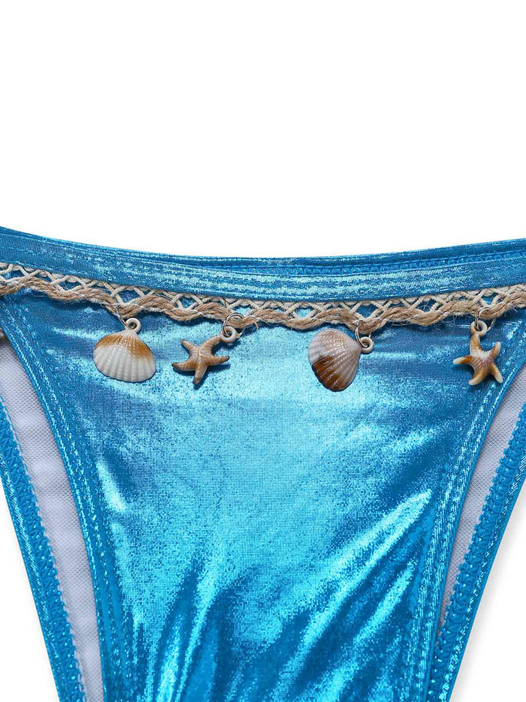 Blue 1980s Metallic Shell Halter Bikini Set: beautiful vintage swimwear, retro swimsuit, pin-up style with timeless appeal