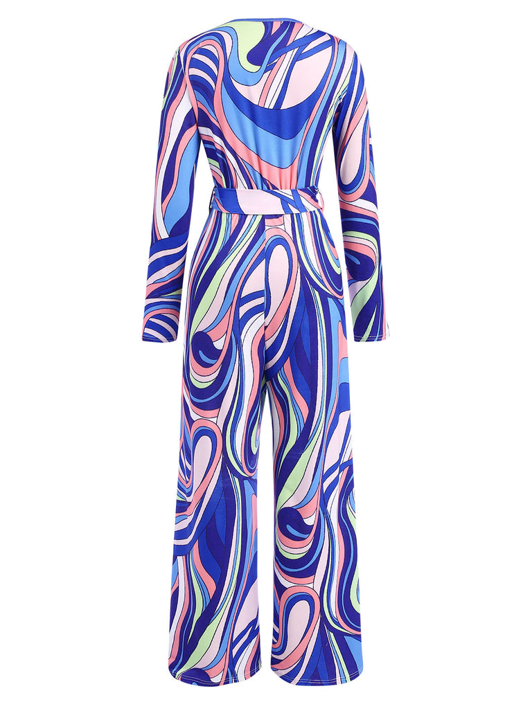 Blue 1980s Psychedelic Print Tie-Waist Jumpsuit, vintage romper, retro jumpsuit - perfect for women who love vintage and retro fashion