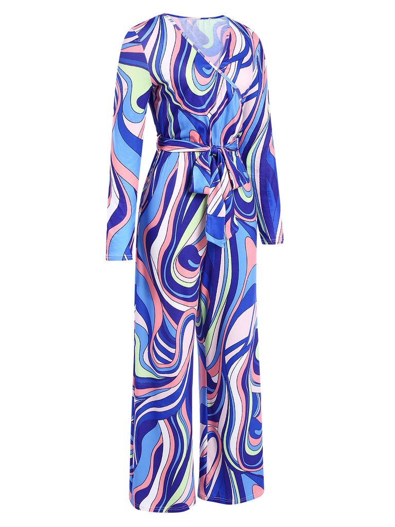 Blue 1980s Psychedelic Print Tie-Waist Jumpsuit, vintage romper, retro jumpsuit - perfect for women who love vintage and retro fashion