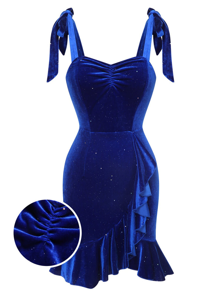 Blue 1980s Solid Ruffle Hem Velvet Dress, vintage dress, retro fashion - perfect for women who love vintage and retro fashion