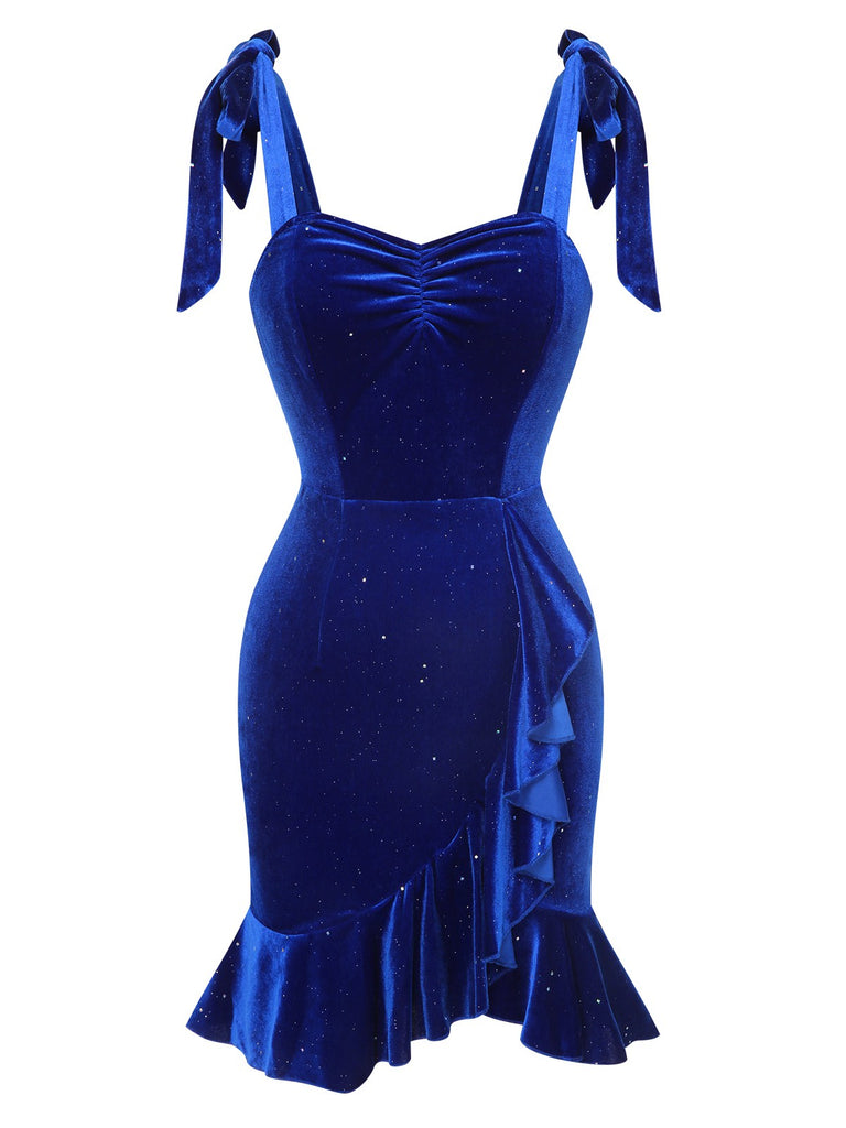 Blue 1980s Solid Ruffle Hem Velvet Dress, vintage dress, retro fashion - perfect for women who love vintage and retro fashion