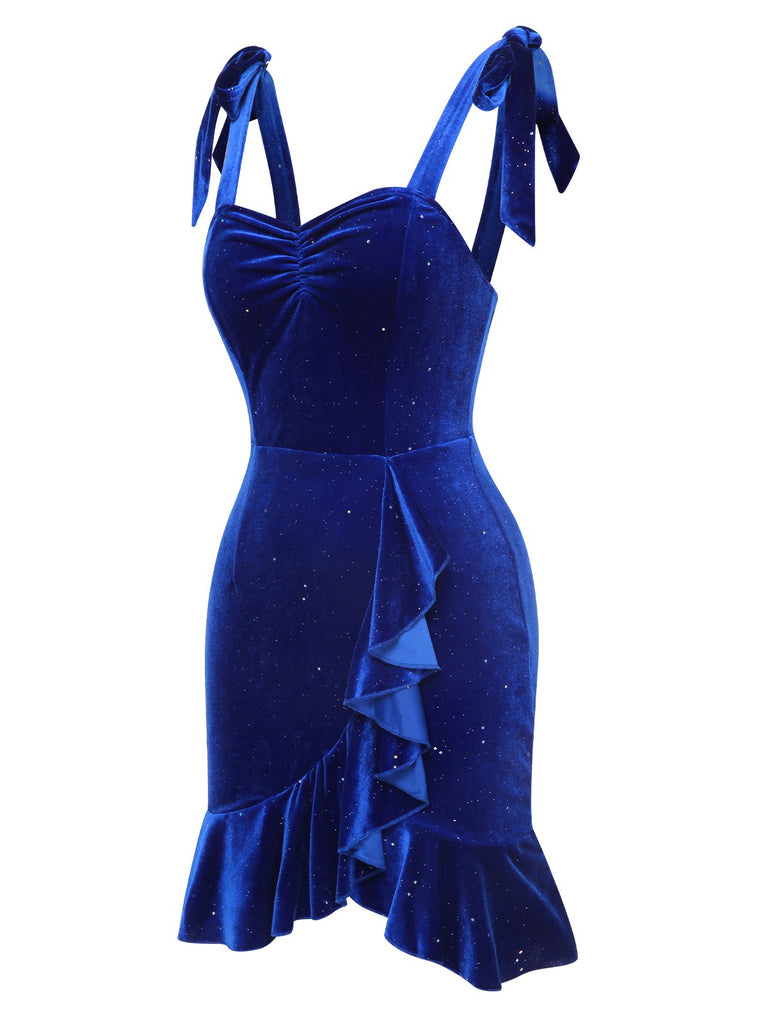 Blue 1980s Solid Ruffle Hem Velvet Dress, vintage dress, retro fashion - perfect for women who love vintage and retro fashion