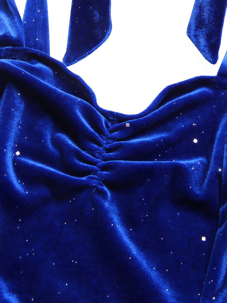 Blue 1980s Solid Ruffle Hem Velvet Dress, vintage dress, retro fashion - perfect for women who love vintage and retro fashion