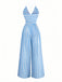 Blue 1980s Striped Deep V Spaghetti Strap Jumpsuit - vintage jumpsuit, retro fashion
