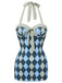 Blue Gray 1950s Argyle Halter One-Piece Swimsuit, vintage swimsuit, pin-up swimwear - perfect for women who love vintage and retro fashion