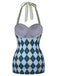 Blue Gray 1950s Argyle Halter One-Piece Swimsuit, vintage swimsuit, pin-up swimwear - perfect for women who love vintage and retro fashion