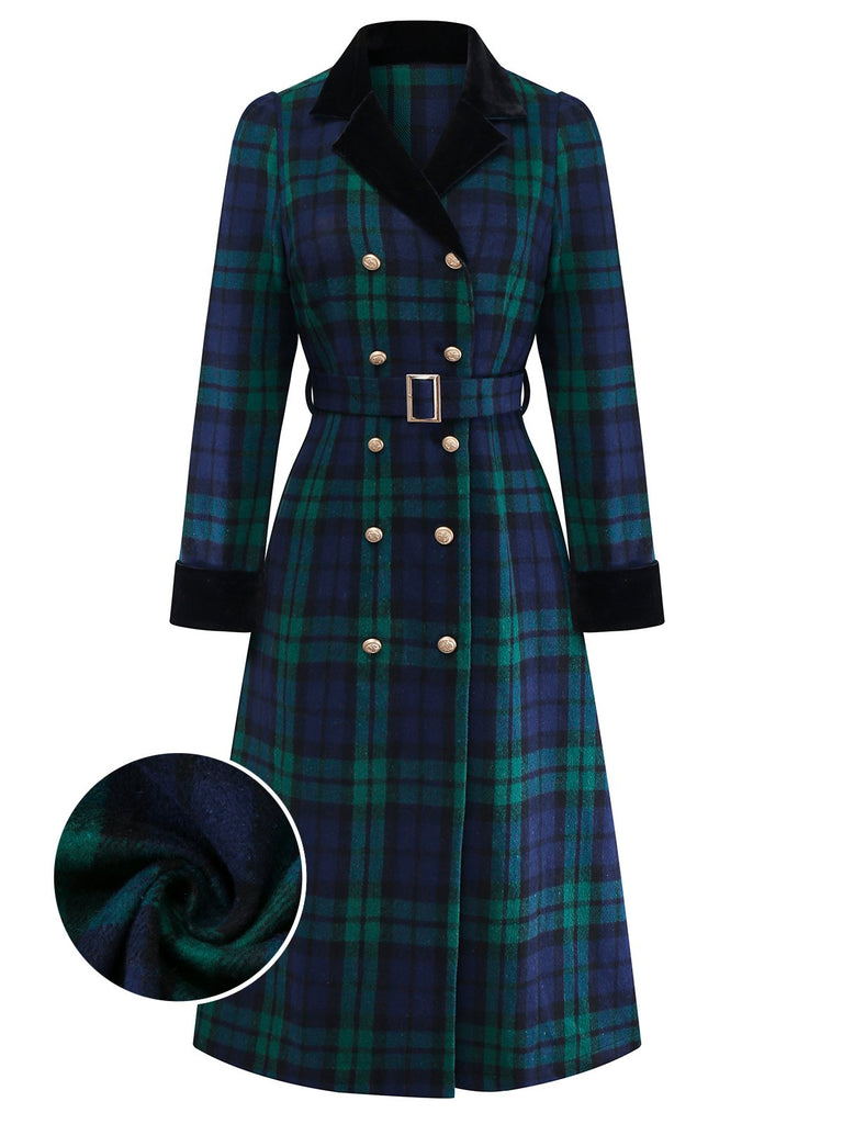 Blue & Green 1940s Plaid Notched Collar Coat - vintage fashion, retro style