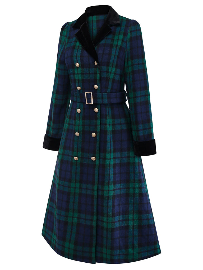 Blue & Green 1940s Plaid Notched Collar Coat - vintage fashion, retro style