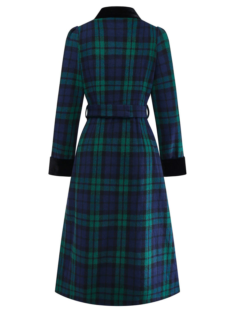 Blue & Green 1940s Plaid Notched Collar Coat - vintage fashion, retro style
