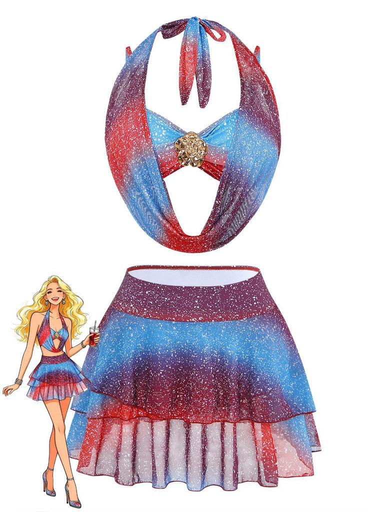 Blue & Red 1950s Gradient Glitter Halter Skirt Swimsuit Set - vintage skirt, retro style, swing skirt for vintage lovers