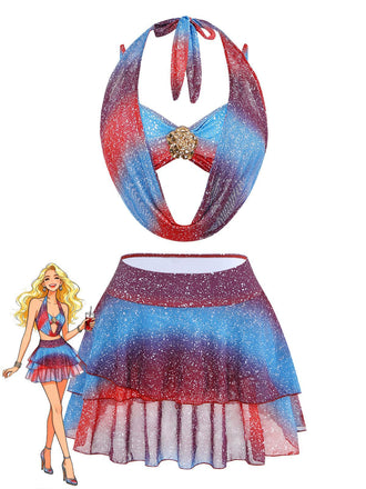 Blue & Red 1950s Gradient Glitter Halter Skirt Swimsuit Set - vintage skirt, retro style, swing skirt for vintage lovers