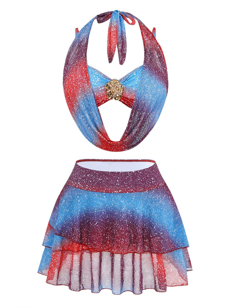 Blue & Red 1950s Gradient Glitter Halter Skirt Swimsuit Set: beautiful vintage skirt, retro style, swing skirt with timeless appeal