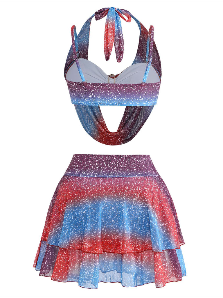 Blue & Red 1950s Gradient Glitter Halter Skirt Swimsuit Set | vintage skirt, retro style, swing skirt - perfect for retro fashion enthusiasts