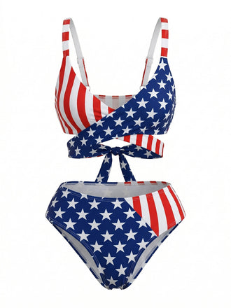 Blue & Red 1960s Stripe Star Print Bikini Set - vintage swimsuit, pin-up swimwear for vintage lovers