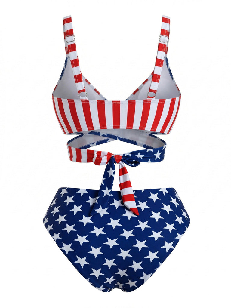 Blue & Red 1960s Stripe Star Print Bikini Set - vintage swimsuit, pin-up swimwear for vintage lovers
