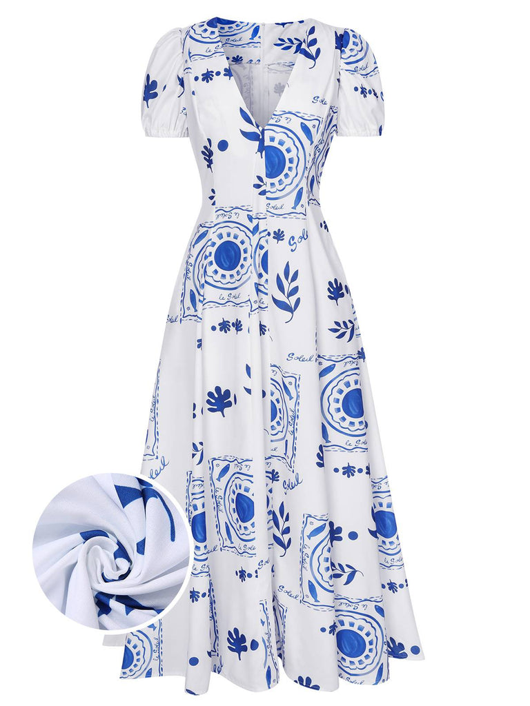 Blue & White 1930s Plants Puff Deep V-Neck Dress, vintage dress, retro fashion - perfect for women who love vintage and retro fashion