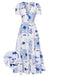Blue & White 1930s Plants Puff Deep V-Neck Dress, vintage dress, retro fashion - perfect for women who love vintage and retro fashion