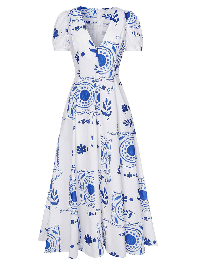 Blue & White 1930s Plants Puff Deep V-Neck Dress, vintage dress, retro fashion - perfect for women who love vintage and retro fashion