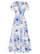 Blue & White 1930s Plants Puff Deep V-Neck Dress, vintage dress, retro fashion - perfect for women who love vintage and retro fashion