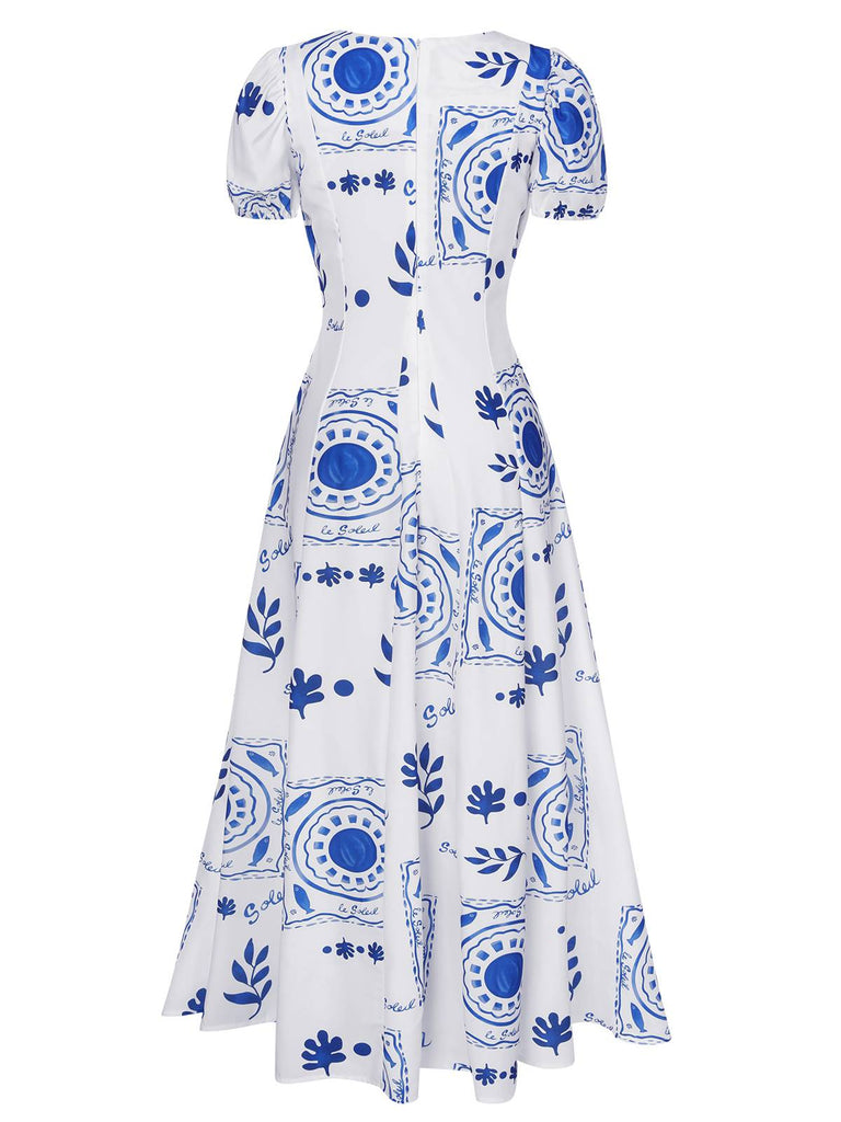 Blue & White 1930s Plants Puff Deep V-Neck Dress, vintage dress, retro fashion - perfect for women who love vintage and retro fashion