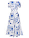 Blue & White 1930s Plants Puff Deep V-Neck Dress, vintage dress, retro fashion - perfect for women who love vintage and retro fashion