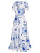 Blue & White 1930s Plants Puff Deep V-Neck Dress, vintage dress, retro fashion - perfect for women who love vintage and retro fashion