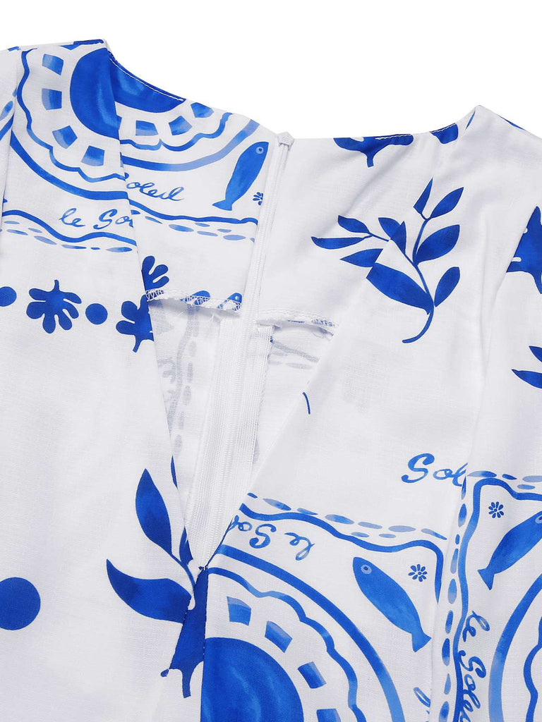 Blue & White 1930s Plants Puff Deep V-Neck Dress, vintage dress, retro fashion - perfect for women who love vintage and retro fashion