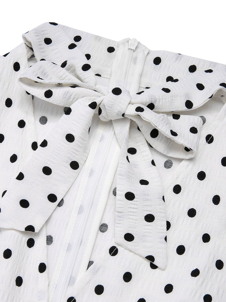 She finds her 1930s story in this Blue & White 1930s Polka Dots Tie Neck Jumpsuit