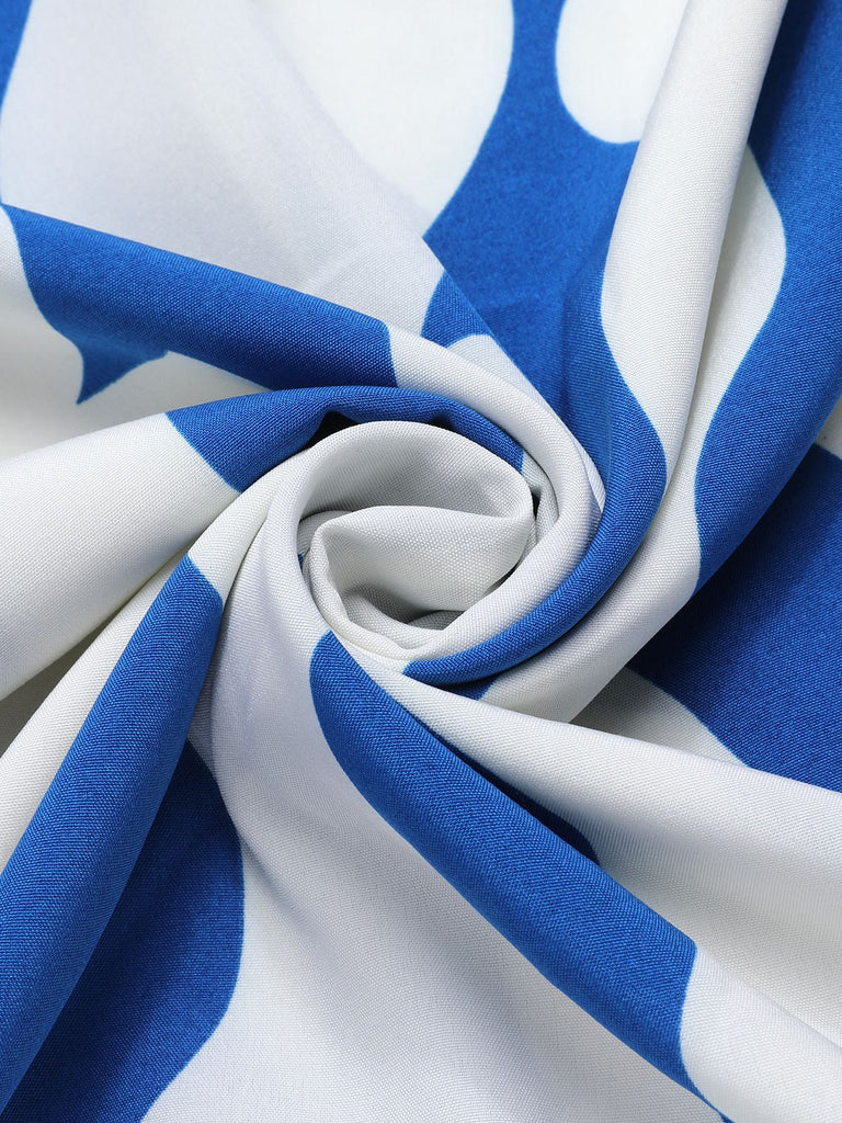 Blue & White 1940s Curves Stand Collar Belt Dress, vintage dress, retro fashion - perfect for women who love vintage and retro fashion